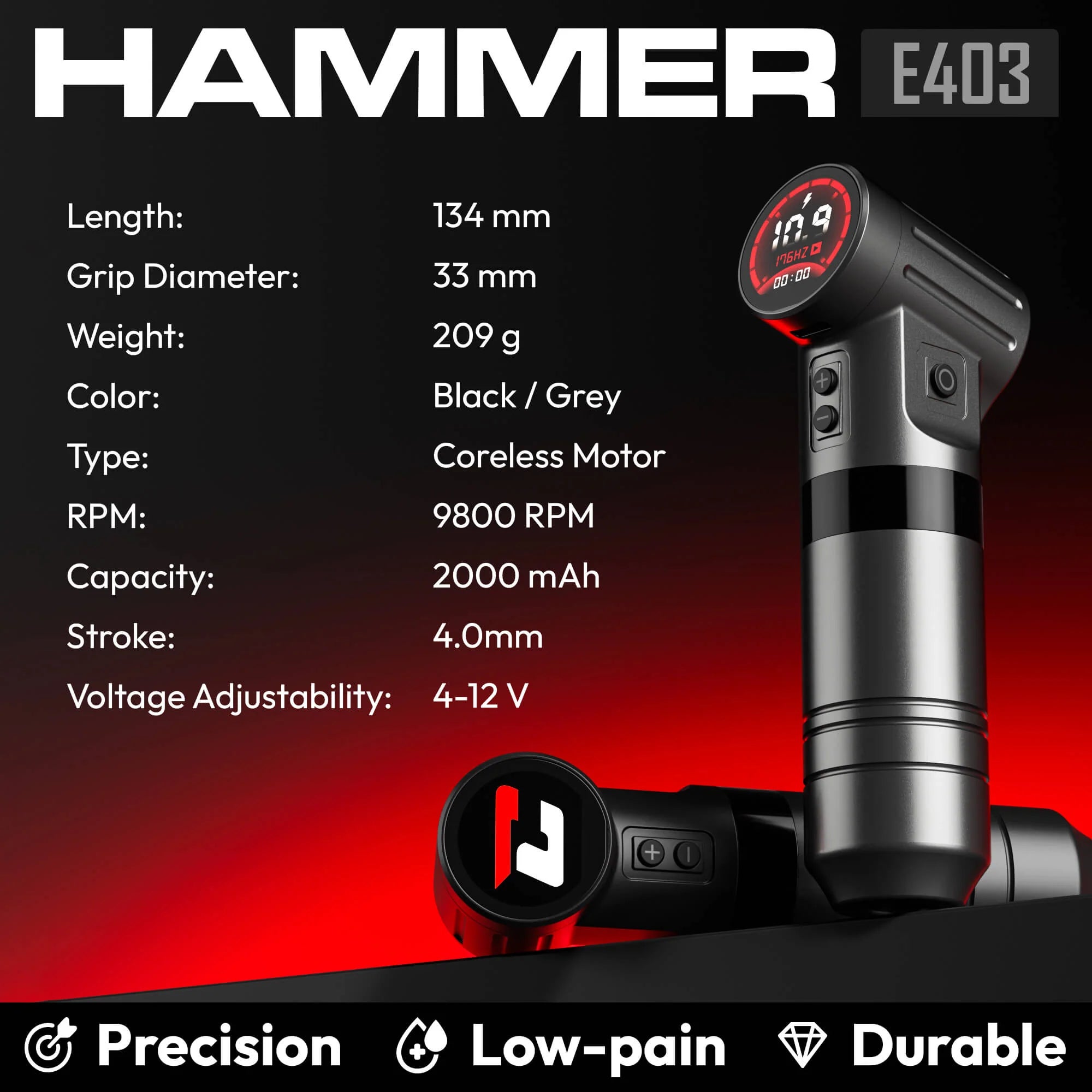 CNC HAMMER–4.0mm Stroke Wireless Tattoo Machine Dual 2000mAh Batteries 9800 RPM Coreless Motor Precision & Durable Design