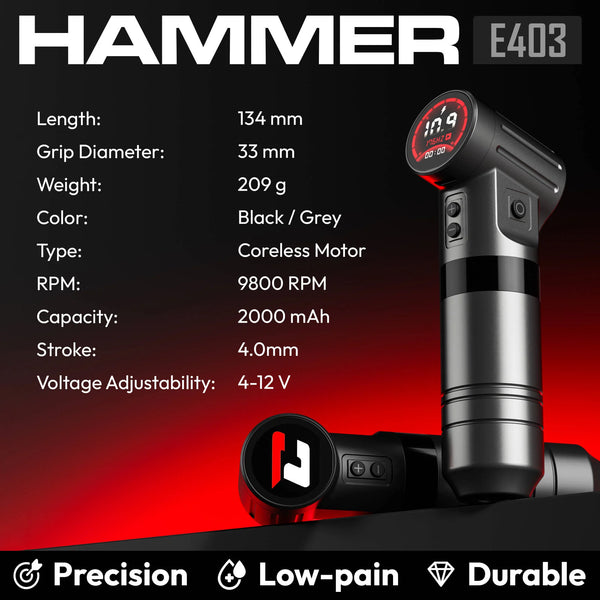 CNC HAMMER–4.0mm Stroke Wireless Tattoo Machine Dual 2000mAh Batteries 9800 RPM Coreless Motor Precision & Durable Design