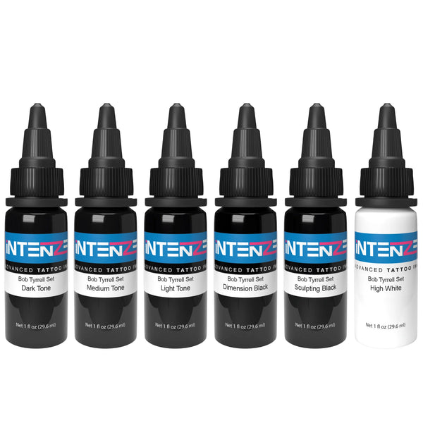 INTENZE Bob Tyrrell Advanced Black and Grey Tattoo Ink Formula Set 1oz * 6 bottles