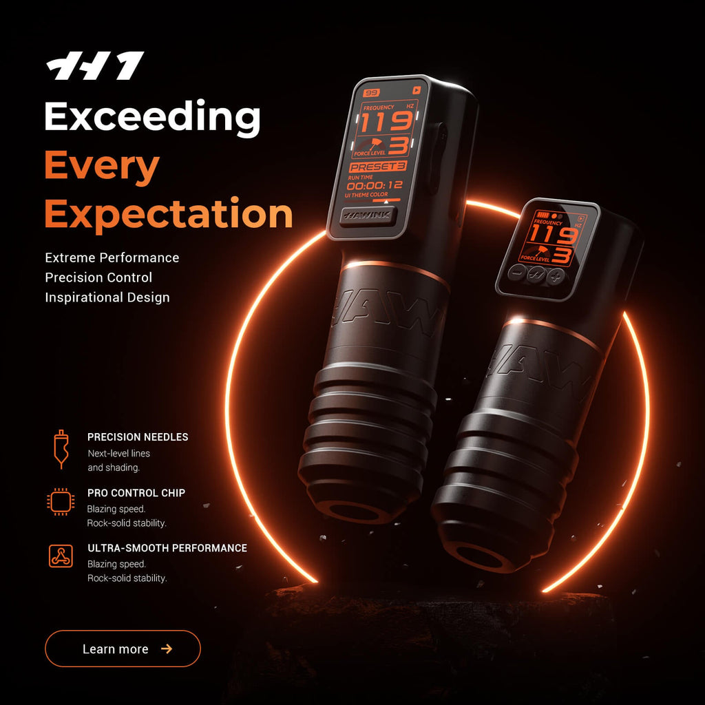 Hawink H1 Wireless Tattoo Pen Machine - Adjustable Stroke (3.5/4.0/4.5mm), Smart Color Screen, 1520mAh Battery Rotary Tattoo Machine