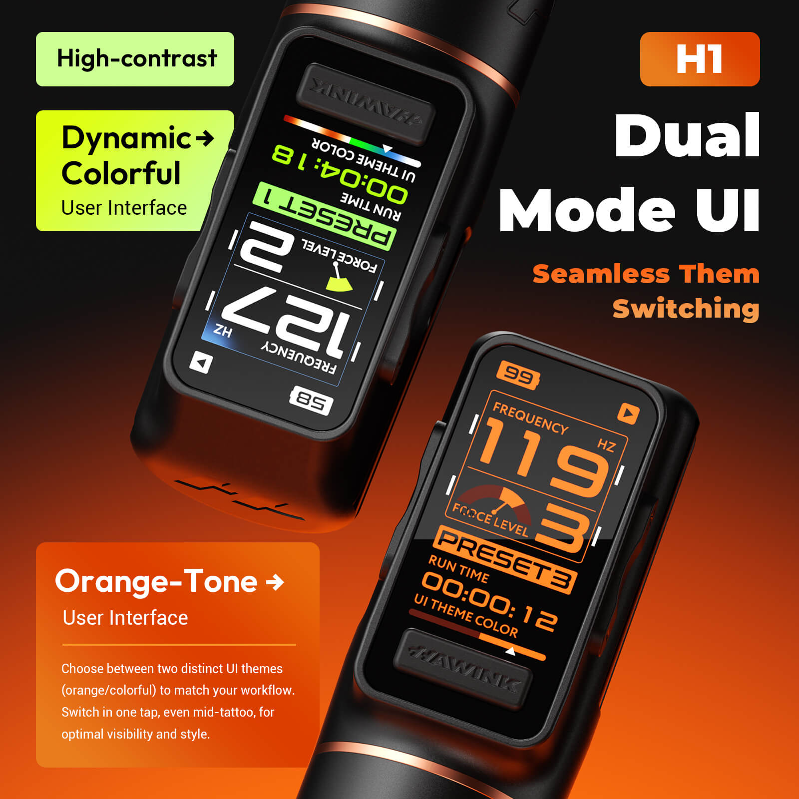 Hawink H1 Wireless Tattoo Pen Machine - Adjustable Stroke (3.5/4.0/4.5mm), Smart Color Screen, 1520mAh Battery Rotary Tattoo Machine