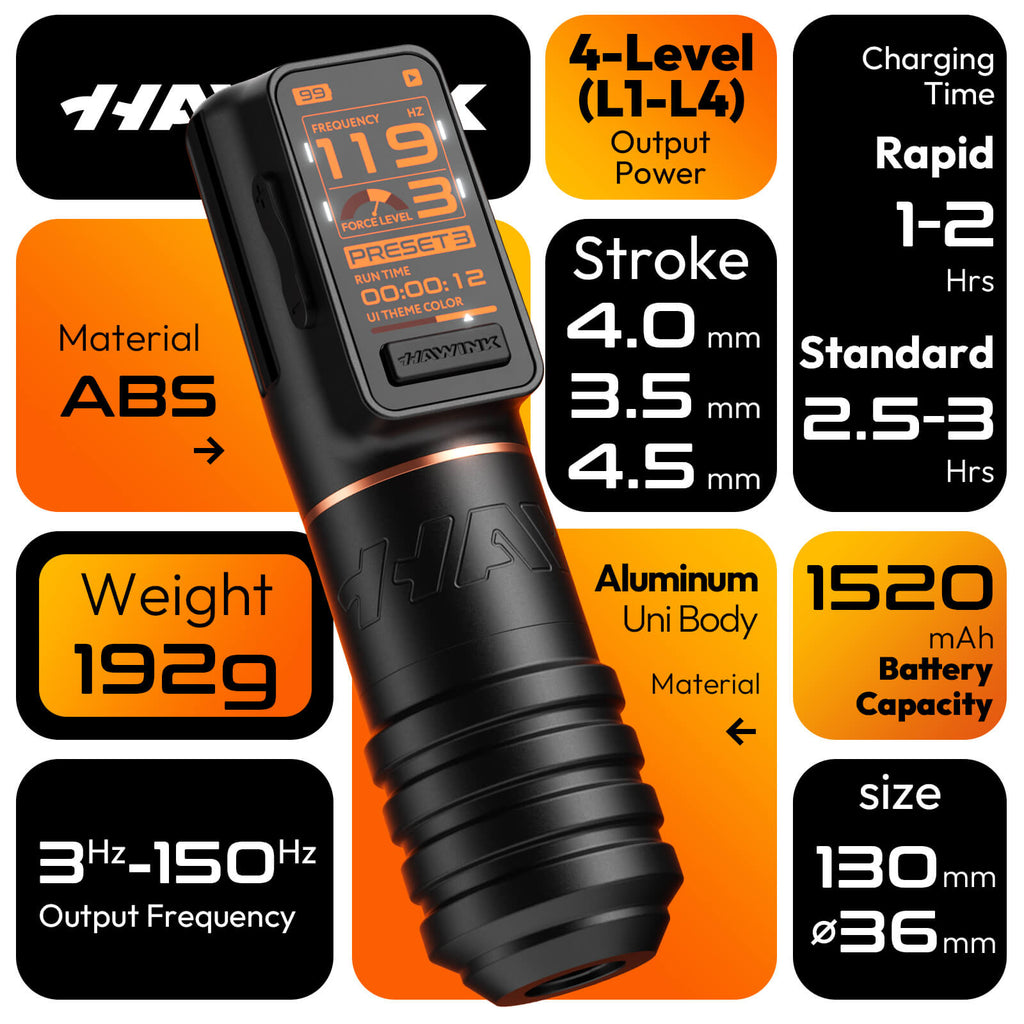 Hawink H1 Wireless Tattoo Pen Machine - Adjustable Stroke (3.5/4.0/4.5mm), Smart Color Screen, 1520mAh Battery Rotary Tattoo Machine