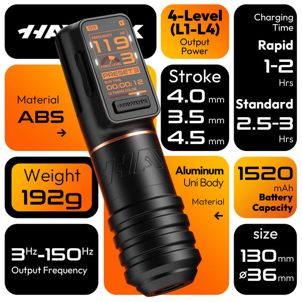 Hawink H1 Wireless Tattoo Pen Machine - Adjustable Stroke (3.5/4.0/4.5mm), Smart Color Screen, 1520mAh Battery Rotary Tattoo Machine