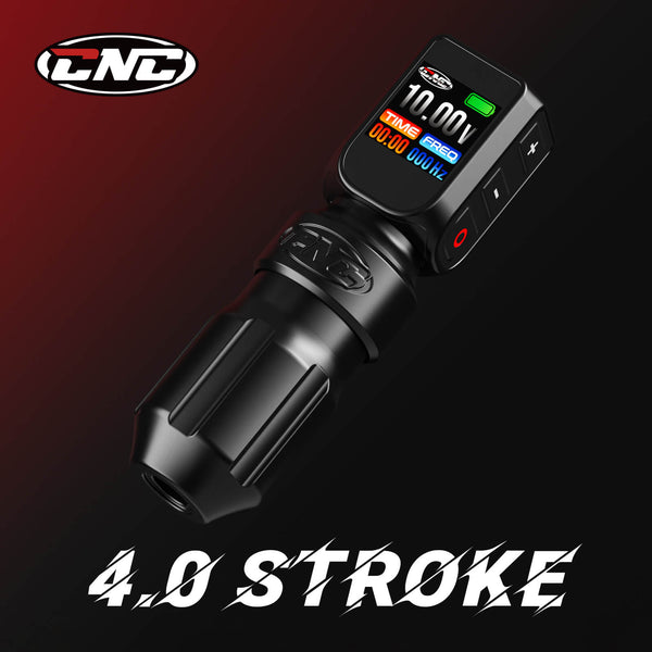 A CNC E77 PRO 4.0 Stroke Wireless Tattoo Machine with a black body, and a digital screen displaying voltage and other settings.