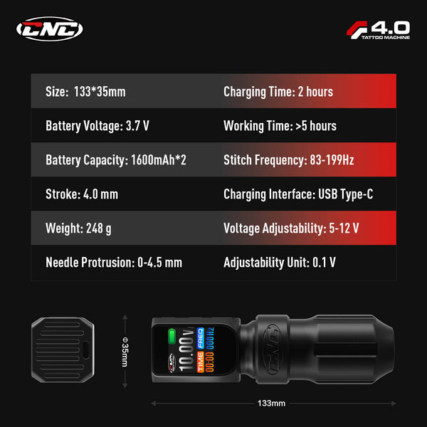 Technical specifications of CNC E77 PRO Wireless Tattoo Pen Machine.