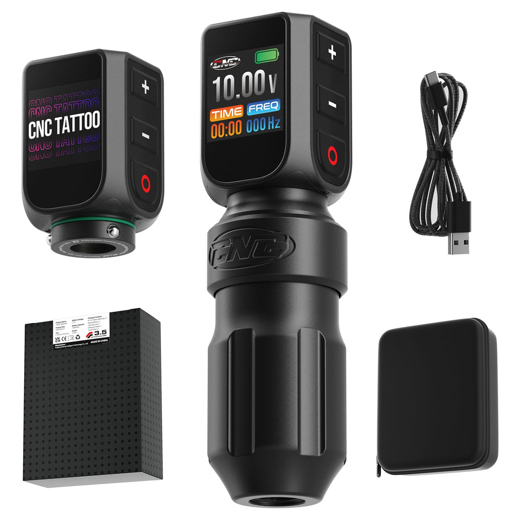 A black CNC tattoo machine model E77 Pro with a digital display, along with a USB Type-C charging cable and a carrying case.