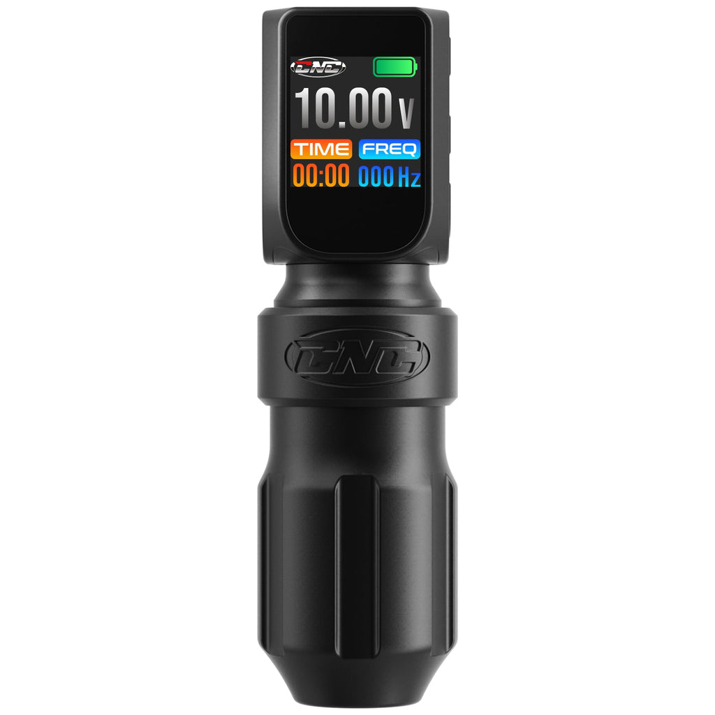 A CNC E77 Pro Wireless Tattoo Machine with a color display screen showing voltage and frequency settings, in a matte black finish with metallic accents.
