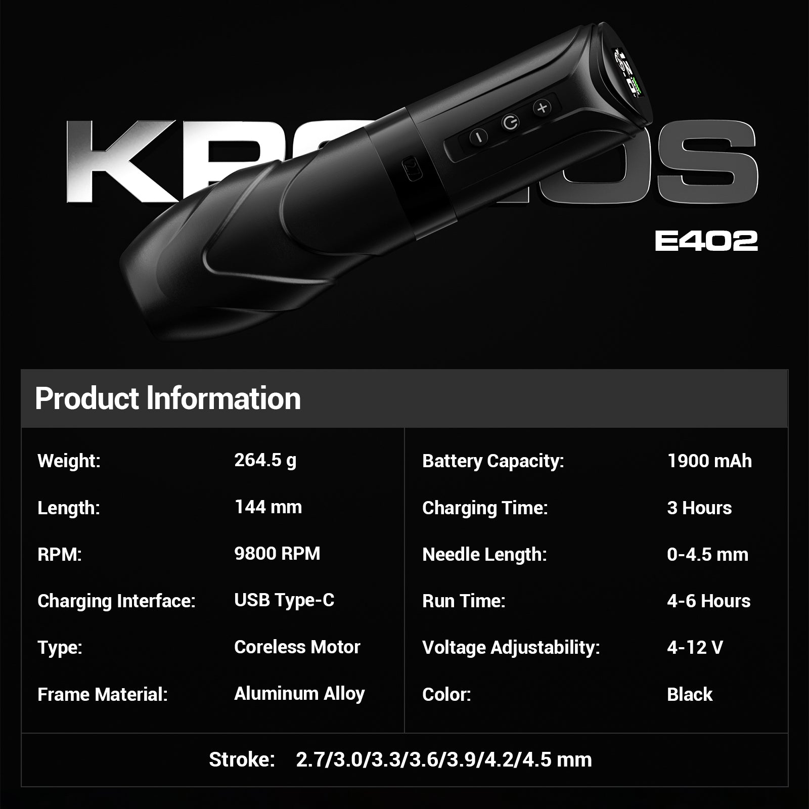 CNC KRONOS Wireless Tattoo Machine– 1900 mAh Battery, USB-C Rapid Charge, 4–12 V Adjustable & 7 Stroke