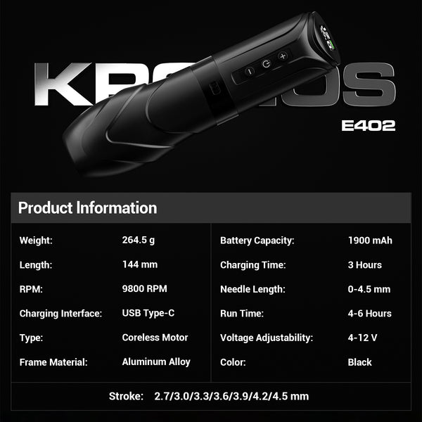 CNC KRONOS Wireless Tattoo Machine– 1900 mAh Battery, USB-C Rapid Charge, 4–12 V Adjustable & 7 Stroke