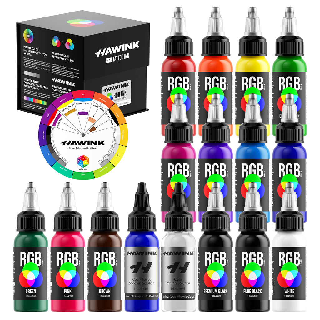 Hawink RGB Tattoo Ink Set 14 Colors and 2 Mixing Solution 1 oz(30ml)