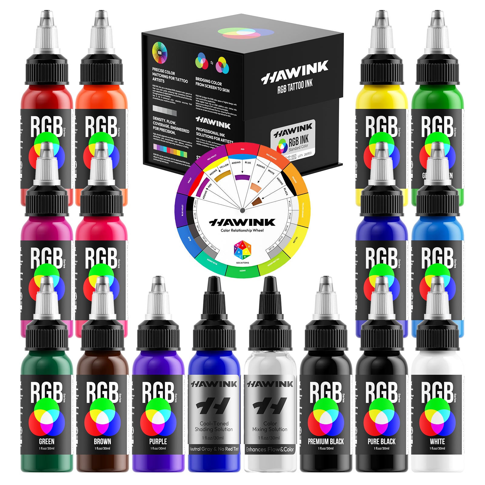 Hawink RGB Tattoo Ink Set 14 Colors and 2 Mixing Solution 1 oz(30ml)