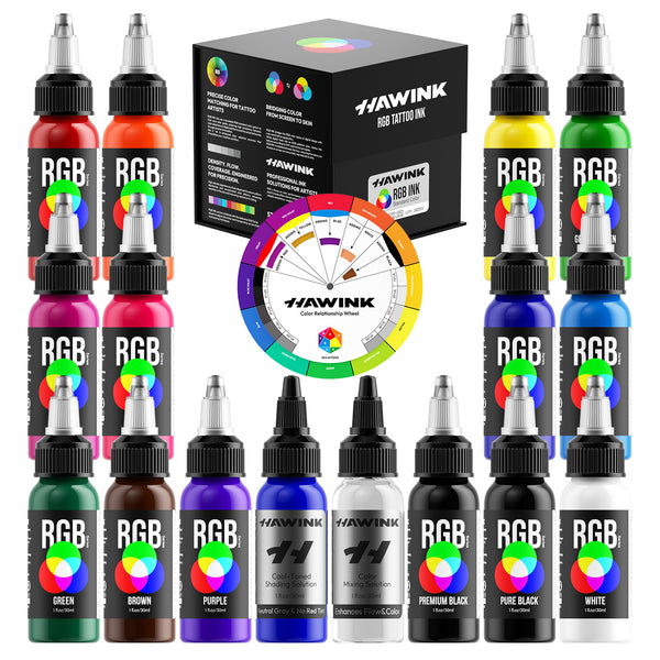 Hawink RGB Tattoo Ink Set 14 Colors and 2 Mixing Solution 1 oz(30ml)