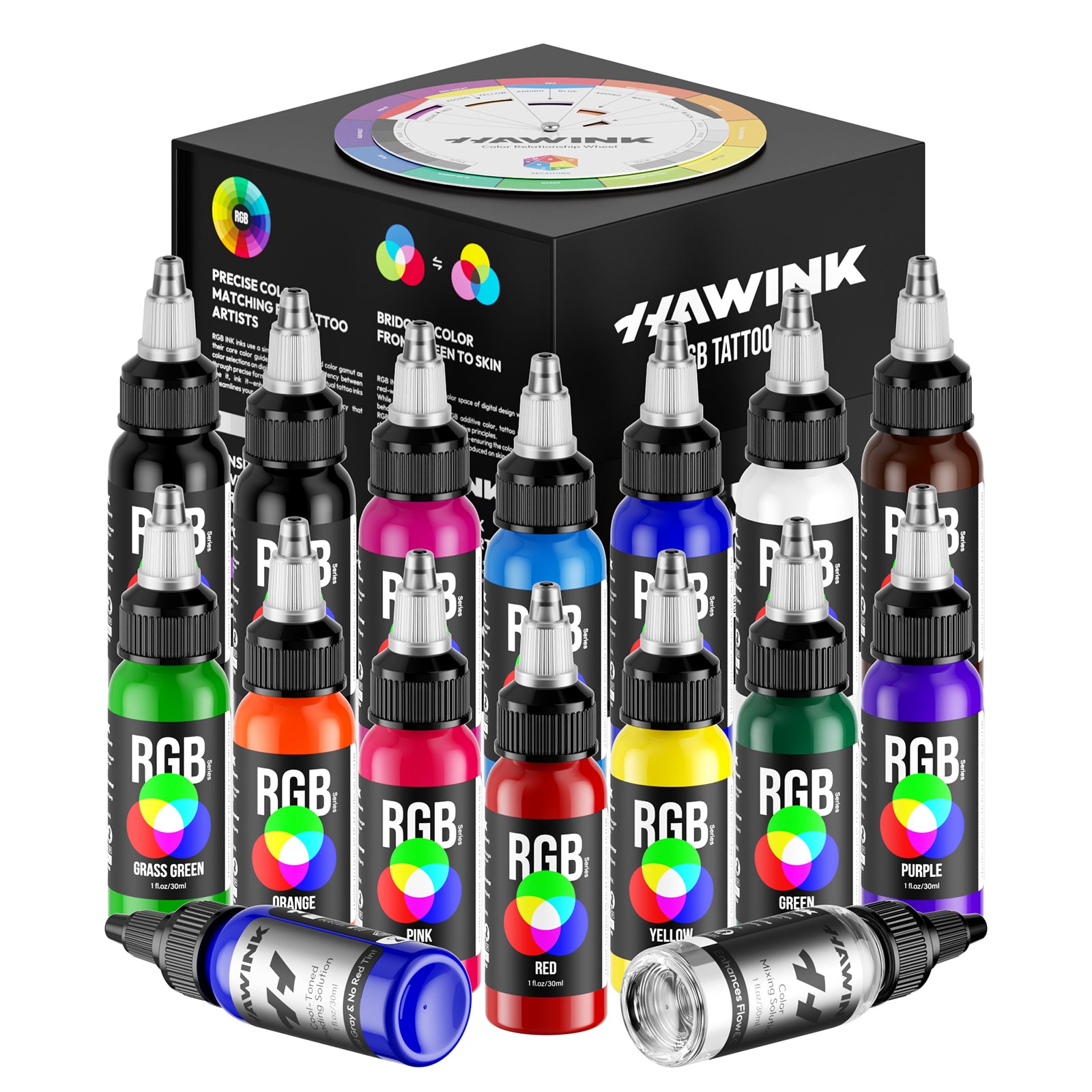 Hawink RGB Tattoo Ink Set 14 Colors and 2 Mixing Solution 1 oz(30ml)