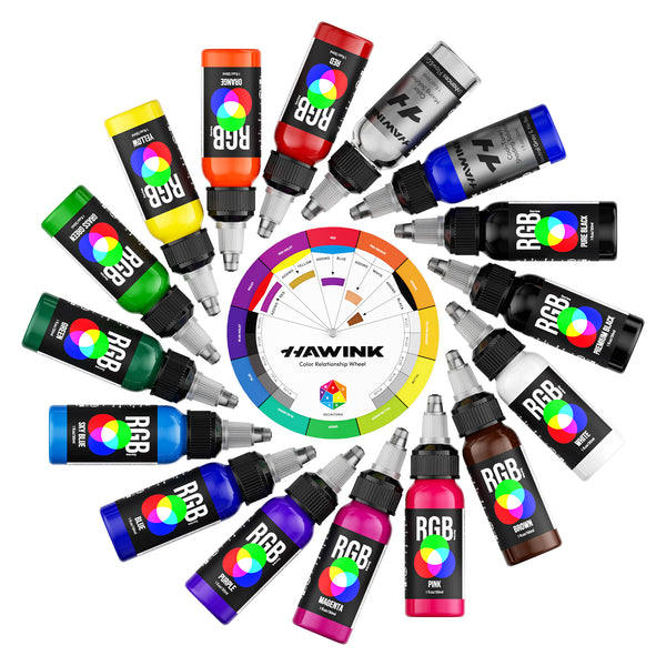 Hawink RGB Tattoo Ink Set 14 Colors and 2 Mixing Solution 1 oz(30ml)