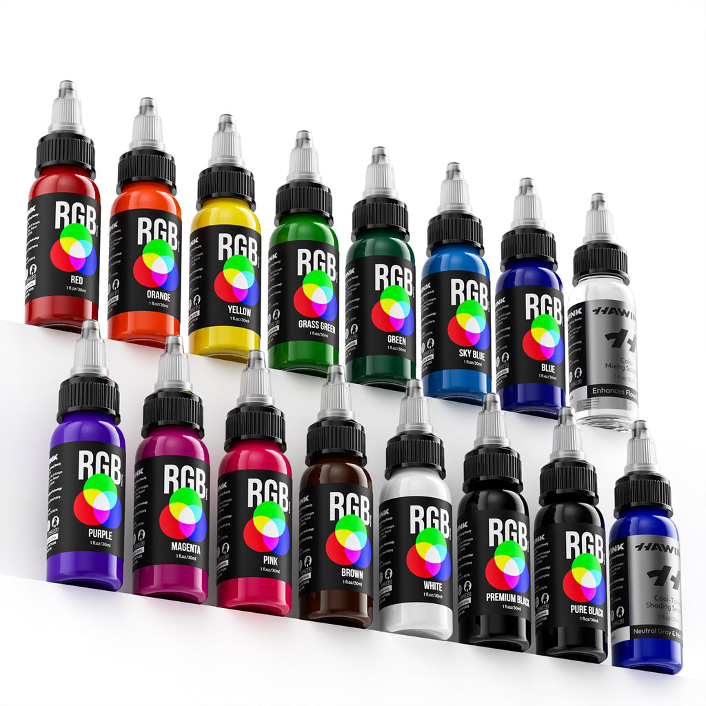 Hawink RGB Tattoo Ink Set 14 Colors and 2 Mixing Solution 1 oz(30ml)