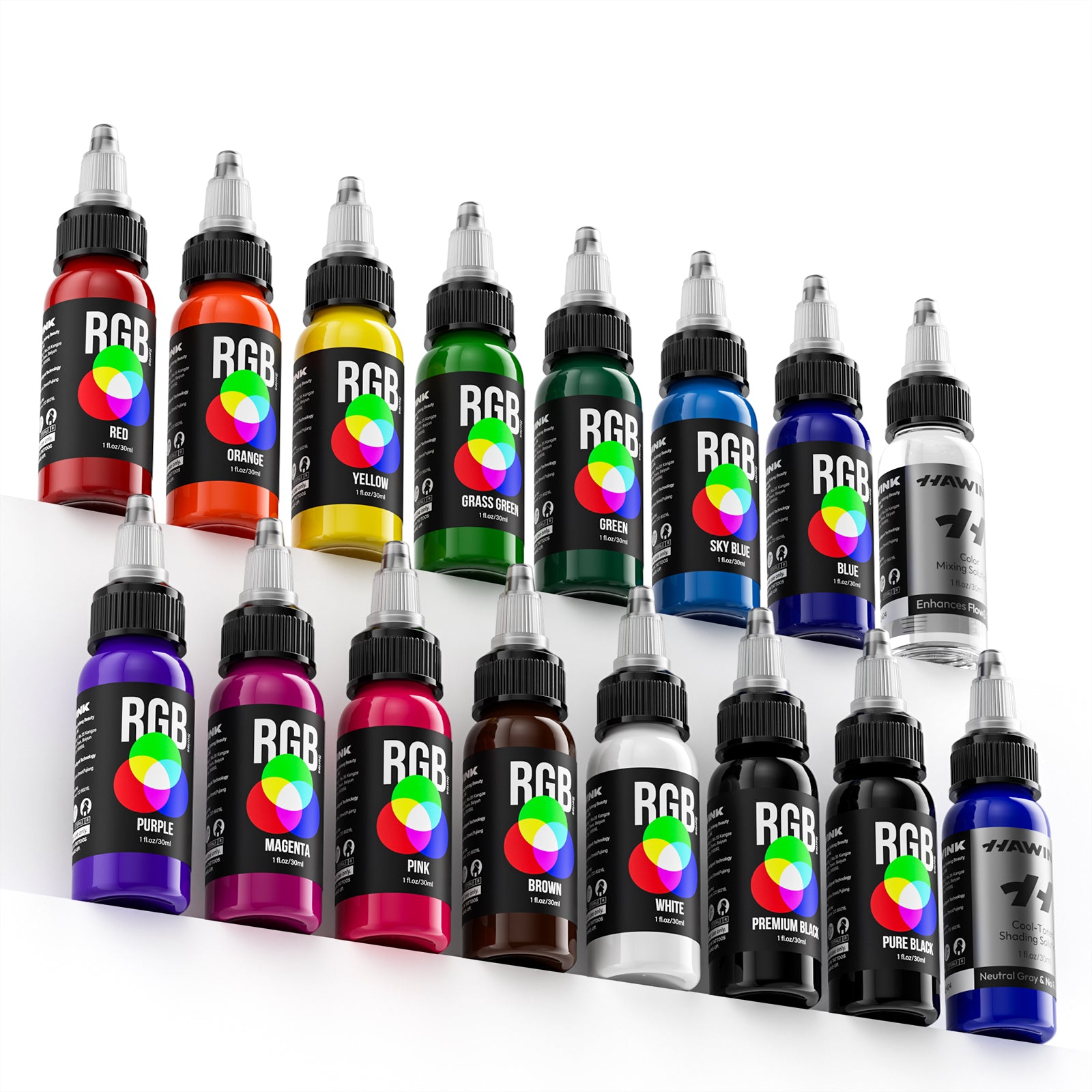 Hawink RGB Tattoo Ink Set 14 Colors and 2 Mixing Solution 1 oz(30ml)