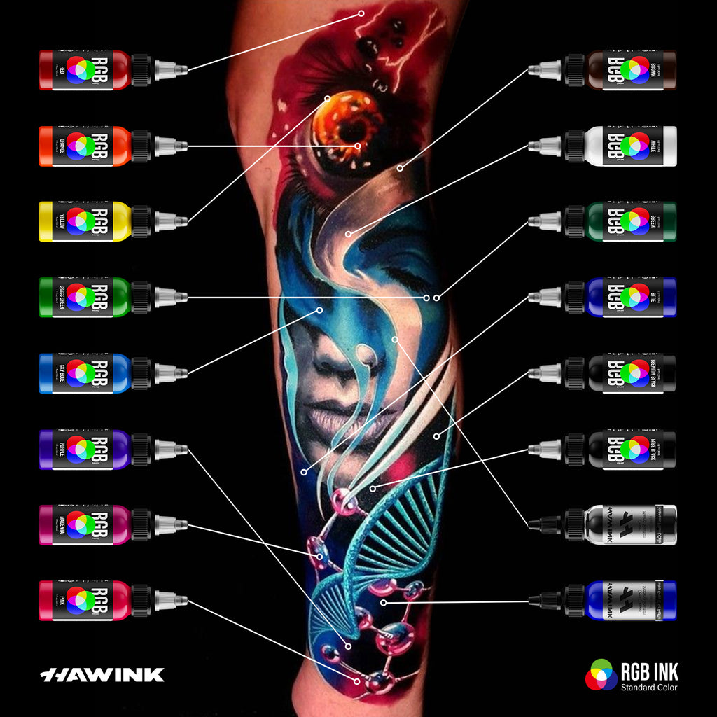 Hawink RGB Tattoo Ink Set 14 Colors and 2 Mixing Solution 1 oz(30ml)