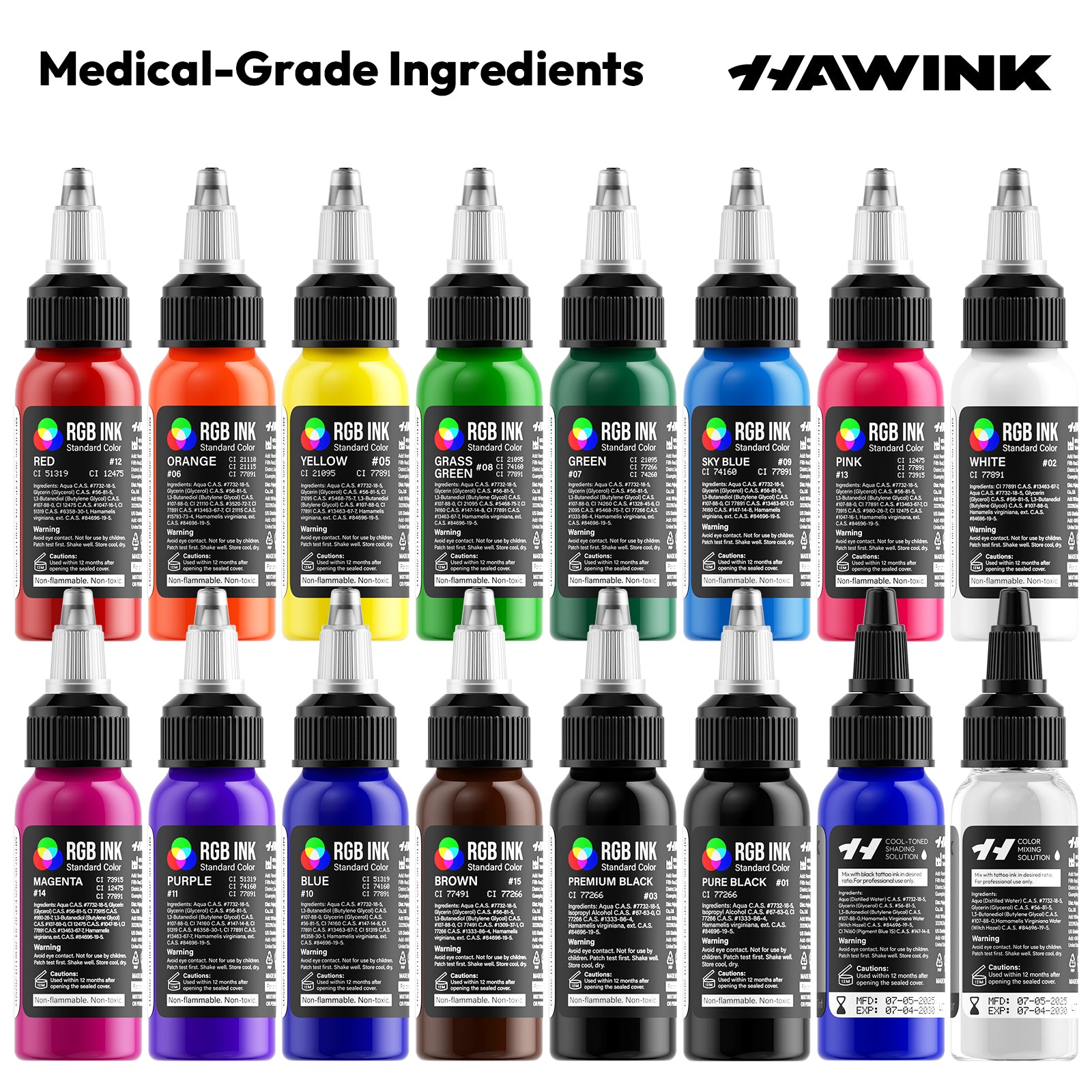 Hawink RGB Tattoo Ink Set 14 Colors and 2 Mixing Solution 1 oz(30ml)
