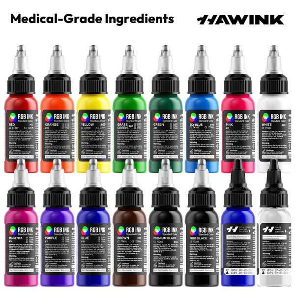 Hawink RGB Tattoo Ink Set 14 Colors and 2 Mixing Solution 1 oz(30ml)