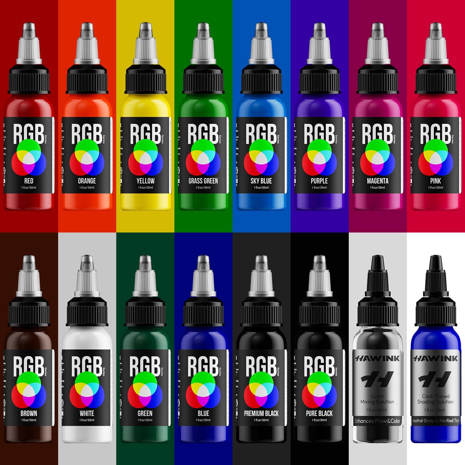 Hawink RGB Tattoo Ink Set 14 Colors and 2 Mixing Solution 1 oz(30ml) Main image