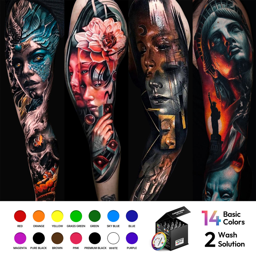 Hawink RGB Tattoo Ink Set 14 Colors and 2 Mixing Solution 1 oz(30ml)