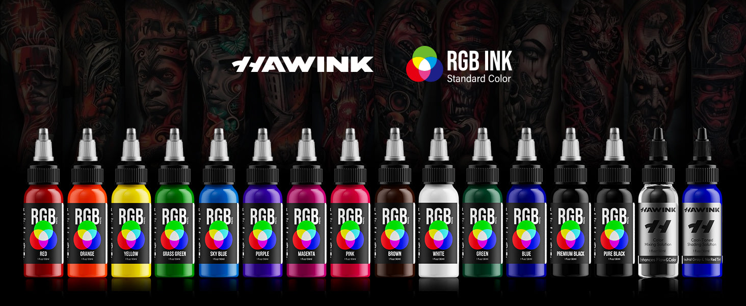 Hawink RGB Tattoo Ink Set 14 Colors and 2 Mixing Solution 1 oz(30ml)