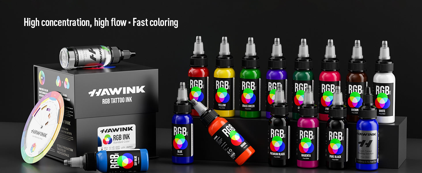 Hawink RGB Tattoo Ink Set 14 Colors and 2 Mixing Solution 1 oz(30ml)