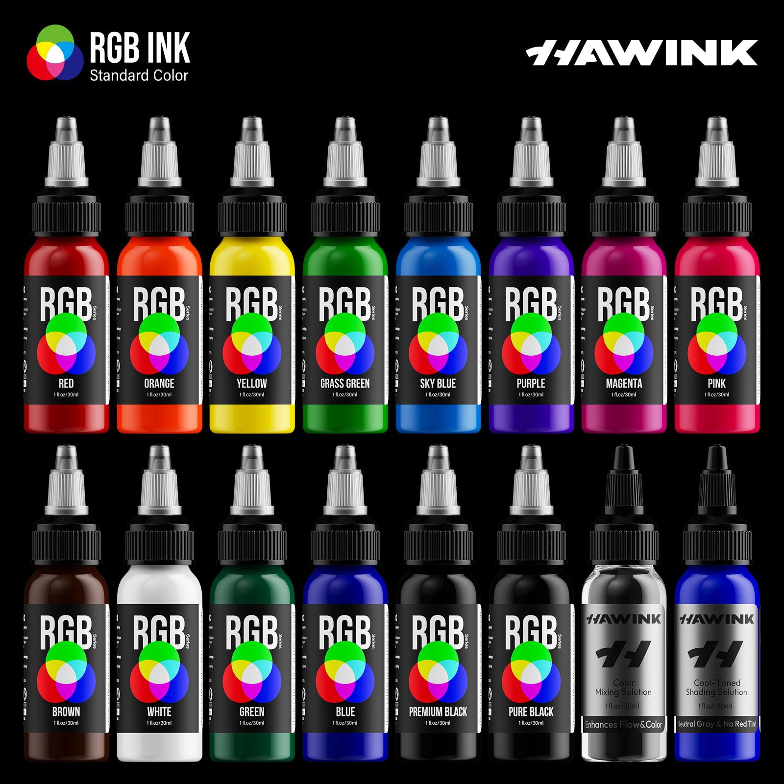Hawink RGB Tattoo Ink Set 14 Colors and 2 Mixing Solution 1 oz(30ml)