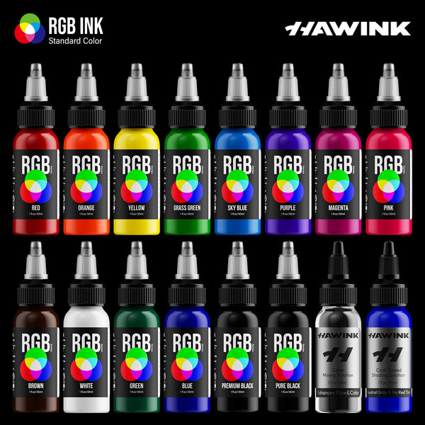 Hawink RGB Tattoo Ink Set 14 Colors and 2 Mixing Solution 1 oz(30ml)