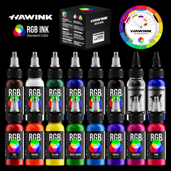 Hawink RGB Tattoo Ink Set 14 Colors and 2 Mixing Solution 1 oz(30ml)