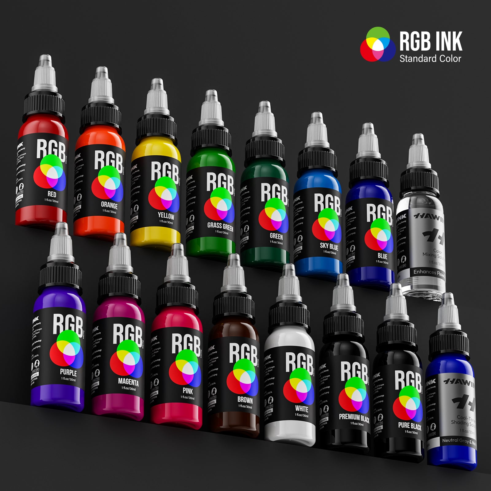Hawink RGB Tattoo Ink Set 14 Colors and 2 Mixing Solution 1 oz(30ml)
