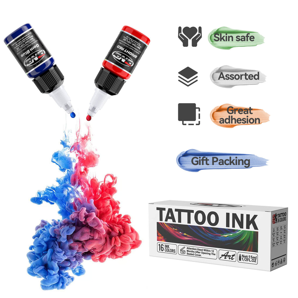 CNC Tattoo Ink 16 Colors Set 15ml. Red and blue inks mix. Features: skin safe, assorted, great adhesion, gift packing.