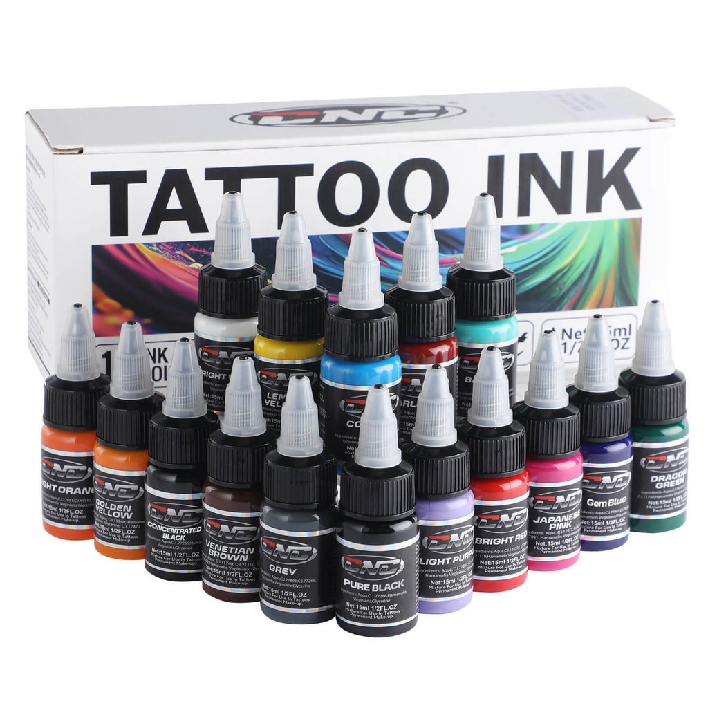 16 bottles of multi-colored ink: orange, yellow, black, red, blue, etc., with the product box in the background.