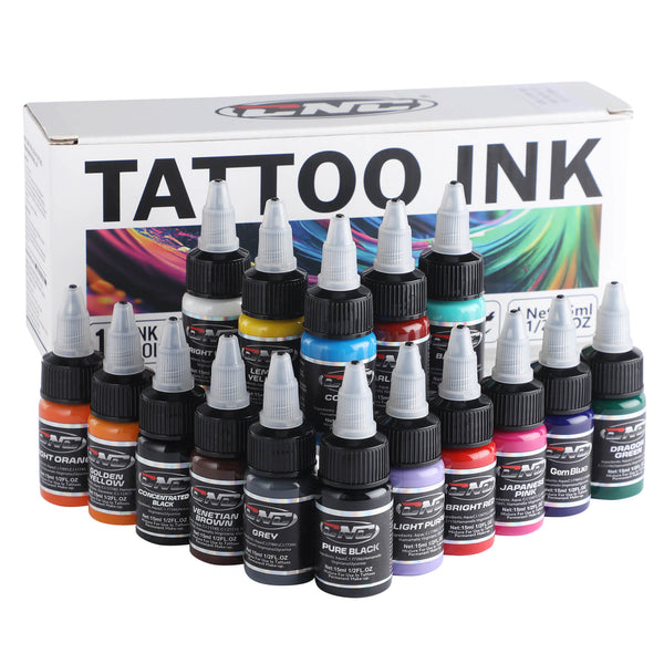 16 bottles of multi-colored ink: orange, yellow, black, red, blue, etc., with the product box in the background.
