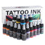 16 bottles of multi-colored ink: orange, yellow, black, red, blue, etc., with the product box in the background.