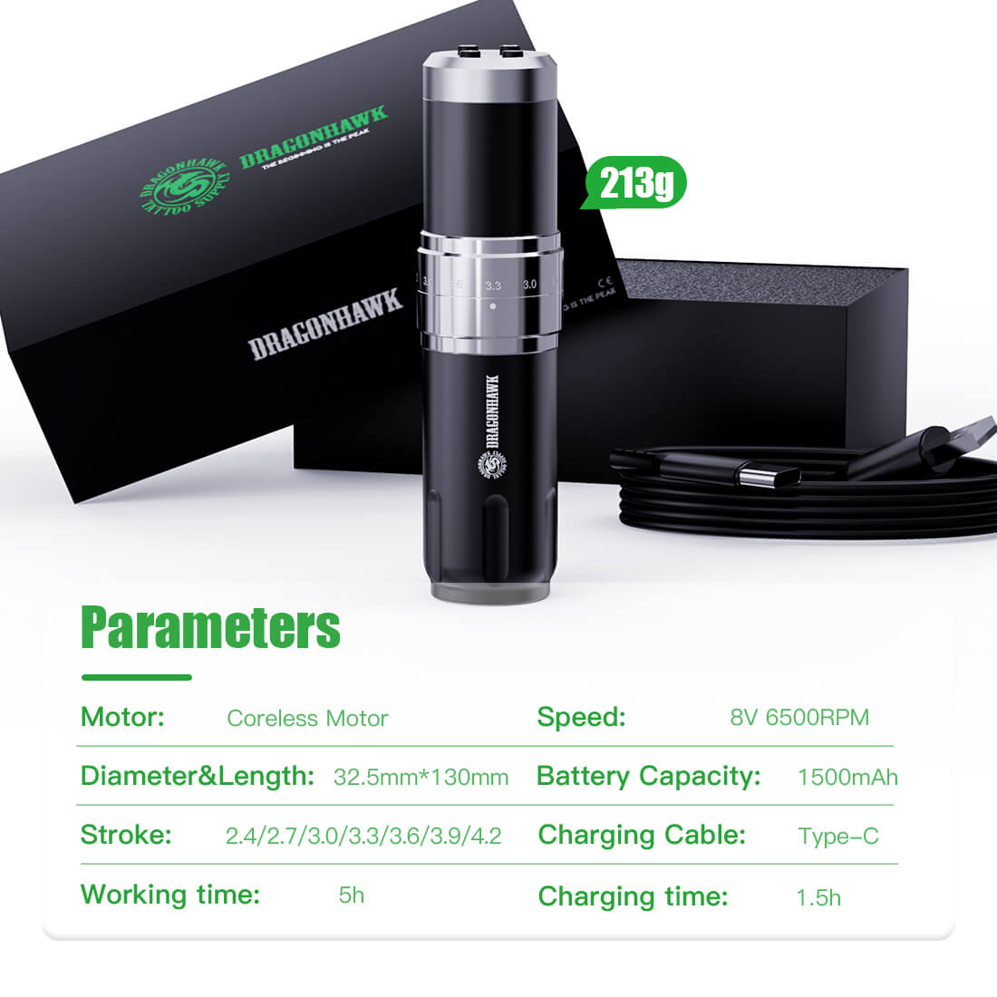 Dragonhawk Wireless Tattoo Pen Machine with 7 Stroke Length | Fold 3 | double battery Main image