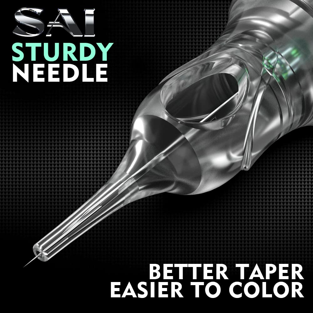 Close-up of Sai PMU needle, highlighting its sturdy design, better taper, and ease of coloring for permanent makeup