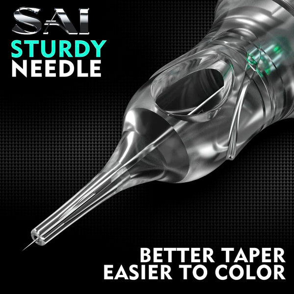 Close-up of Sai PMU needle, highlighting its sturdy design, better taper, and ease of coloring for permanent makeup