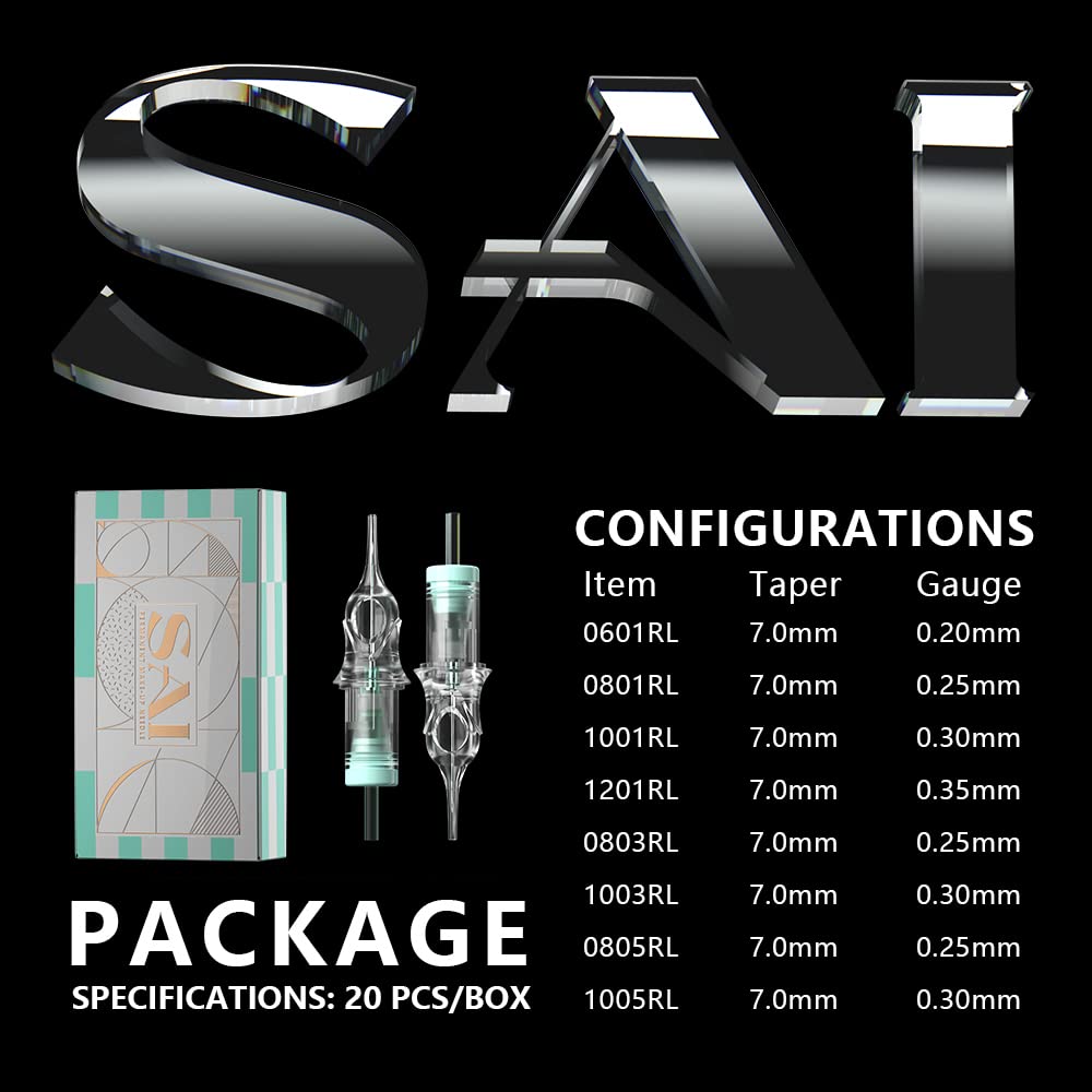 Sai PMU cartridges packaging and configurations, showing 20pcs/box and detailed RL needle taper/gauge specifications.