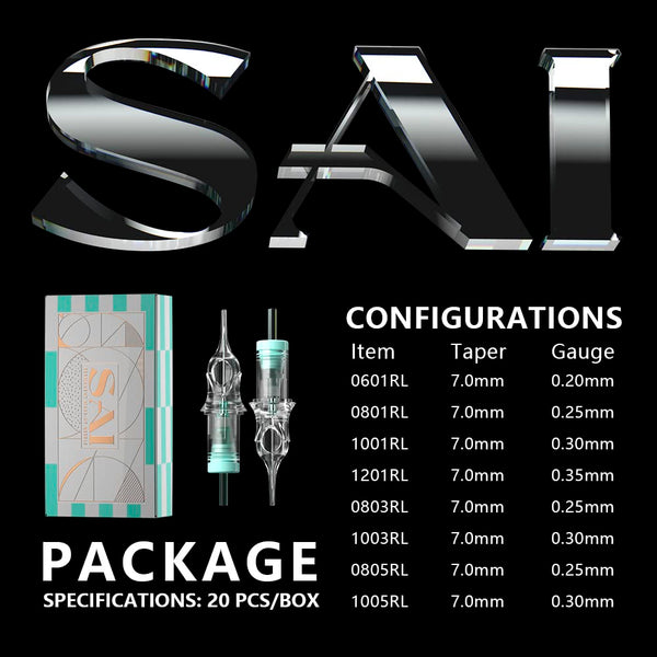 Sai PMU cartridges packaging and configurations, showing 20pcs/box and detailed RL needle taper/gauge specifications.