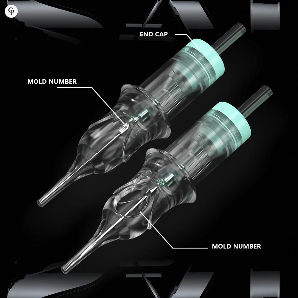 Close-up of Sai PMU cartridges, showing end cap and mold number, with transparent design and teal details.