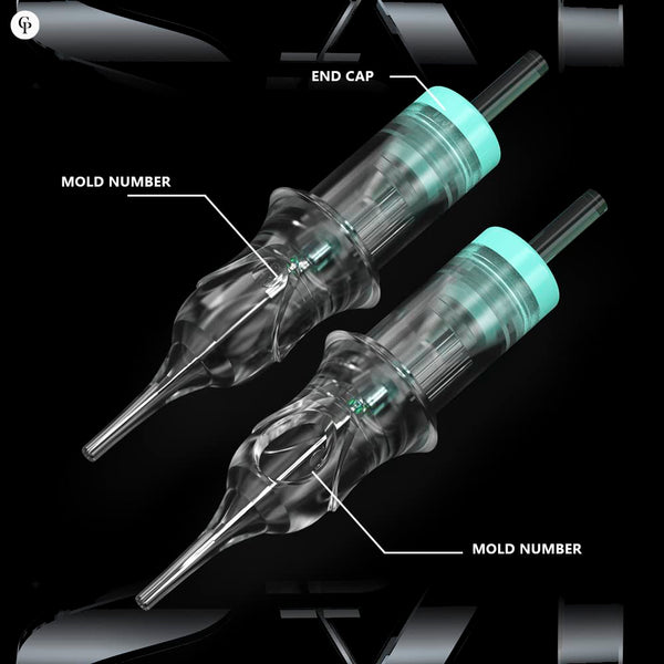 Close-up of Sai PMU cartridges, showing end cap and mold number, with transparent design and teal details.